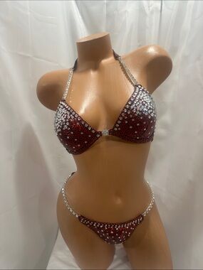 NPC competition, bikini suit, burgundy, handmade all crystal rhinestones 32A/B